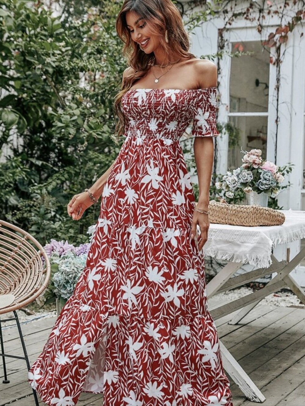 Rust Red Off-Shoulder Floral Maxi Dress with White Print Size M